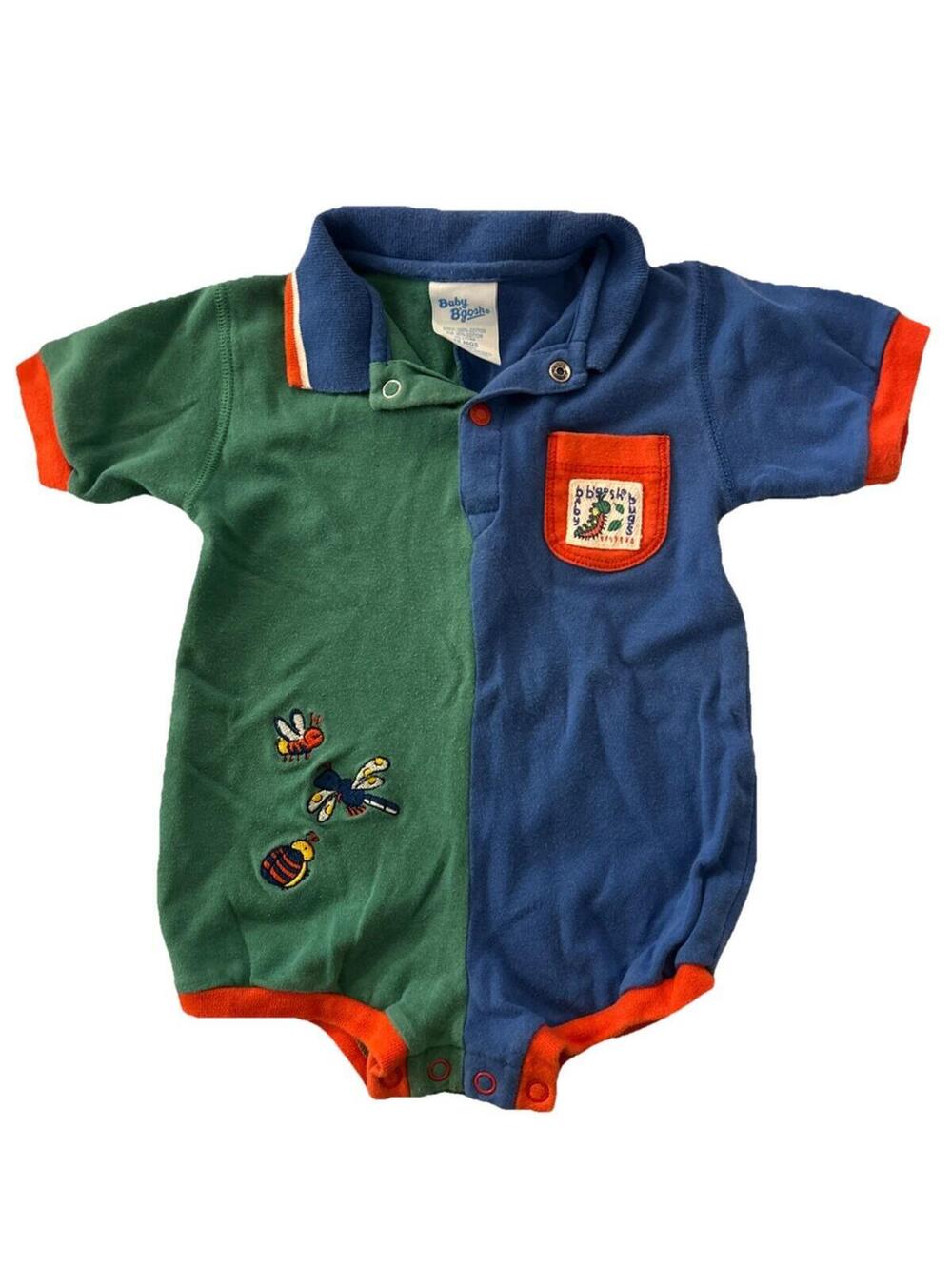 Vintage Baby BGosh 12 Months Blue Red Green Color Block Romper 90s Bugs Shirt